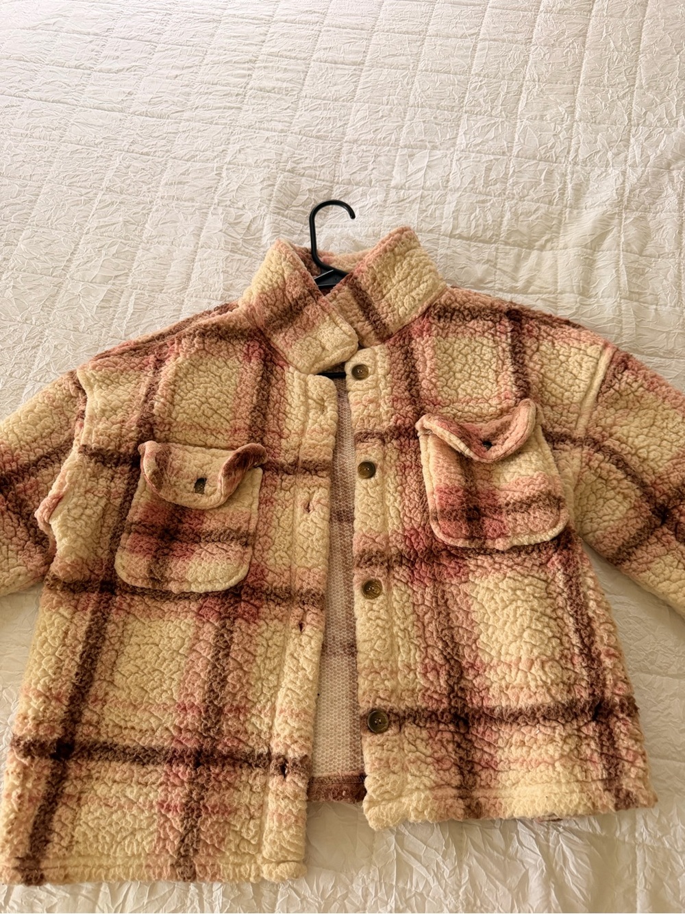 Almost Famous Cream & Pink Plaid Sherpa Jacket